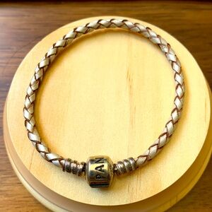 Pandora Authentic Champagne Leather Bracelet with Sterling Silver Barrel Clasp